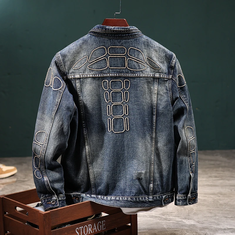 【优选】工装牛仔外套男潮牌新款复古宽松刺绣夹克士上衣男JK528
