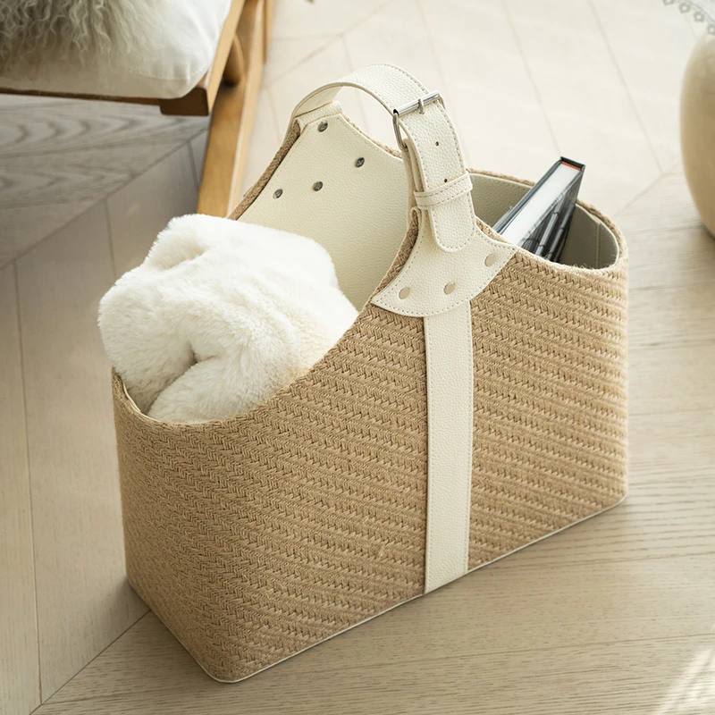 创意轻奢手工编织麻制皮革收纳篮玄关客厅杂物筐样板间装饰脏衣篮