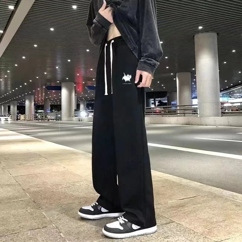 大码简约印花长裤男春秋新款宽松直筒休闲裤男潮流运动阔腿裤垂感