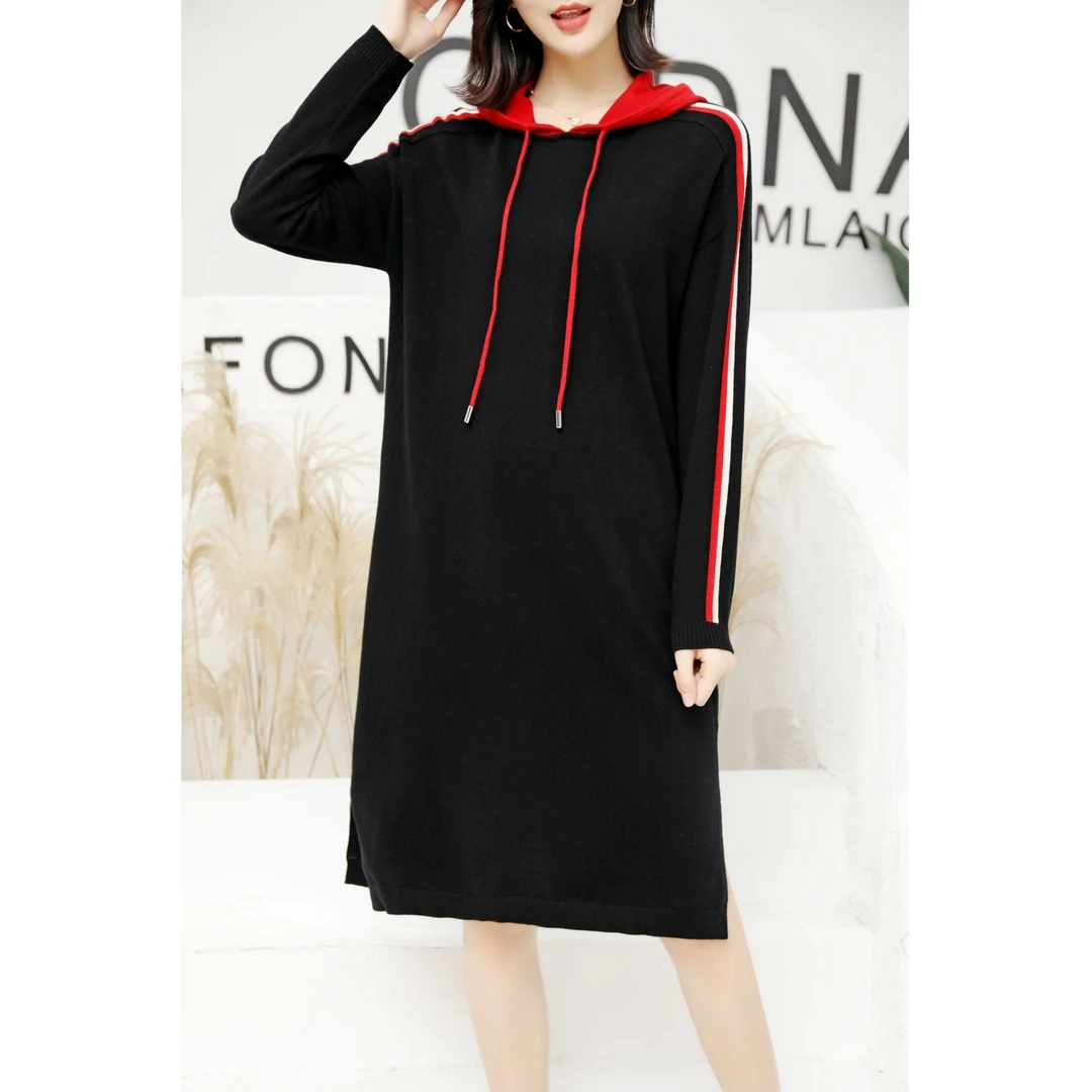 968019欧货宽松时尚休闲显瘦撞色纯羊毛针织连帽长款卫衣连衣裙女