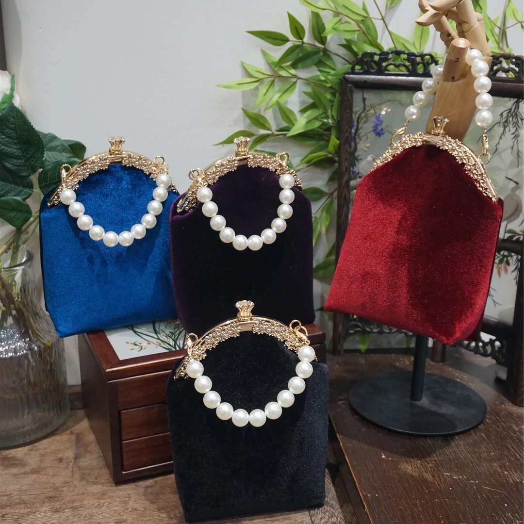 纯色丝绒复古百搭国风雅致珍珠链手工口金包旗袍汉服搭配