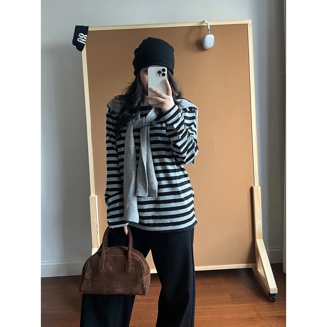 黑灰条纹圆领长袖打底t恤宽松显瘦休闲慵懒上衣