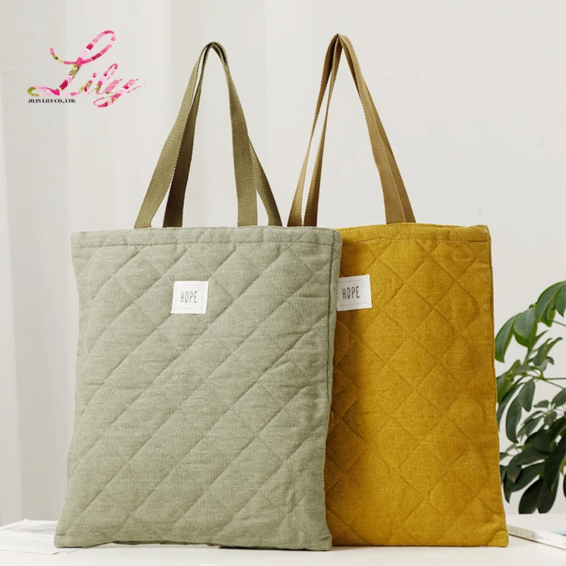 时尚简约韩版绗缝夹棉文艺布包补课包单肩包托特包学生加厚便携