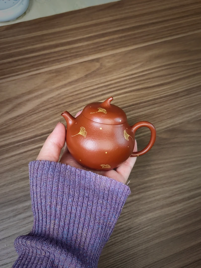 朱泥小茄瓜 描金银杏叶 内推孔 容量130cc