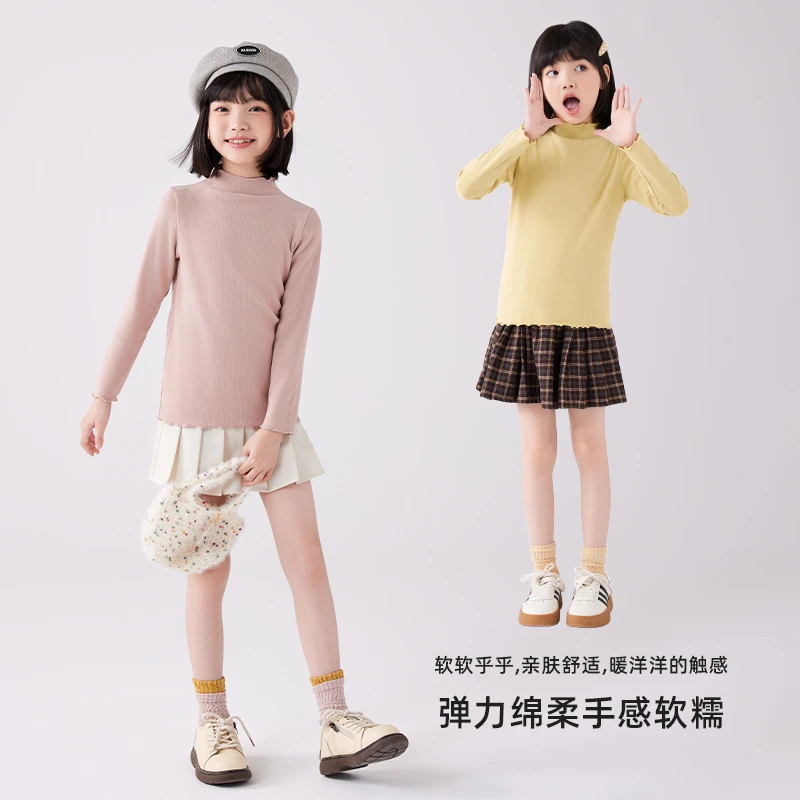 女童打底衫2024春秋季新款莱赛尔儿童半高领内搭中大童黑色上衣