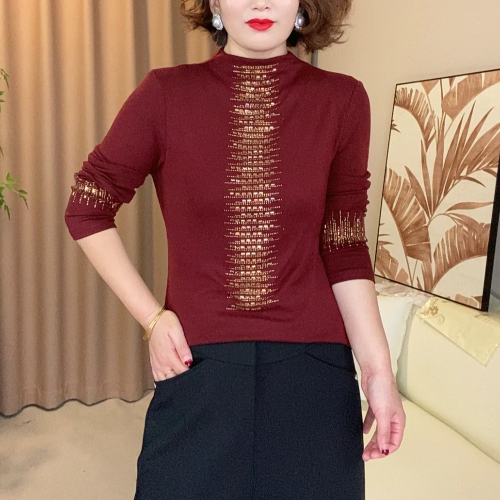 秋季新款半高领纯色百搭烫钻休闲气质小衫966