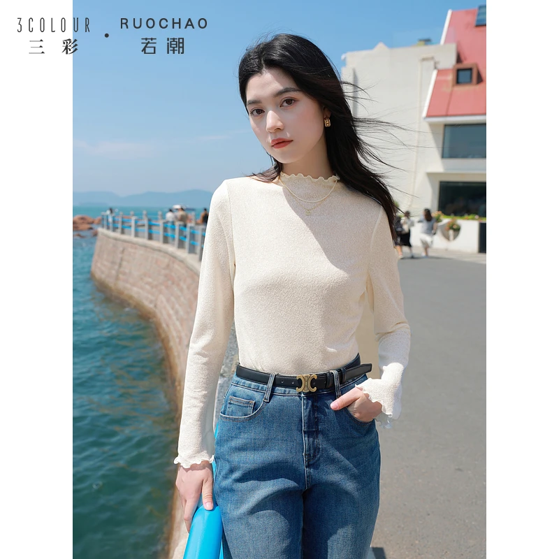 三彩大码女装2025春季新款浪漫立领蕾丝衫套头打底衫长袖