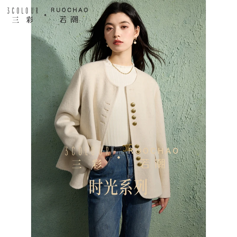 三彩大码女装2024冬季新款绵羊毛双面呢大衣香风静奢显瘦胖MM