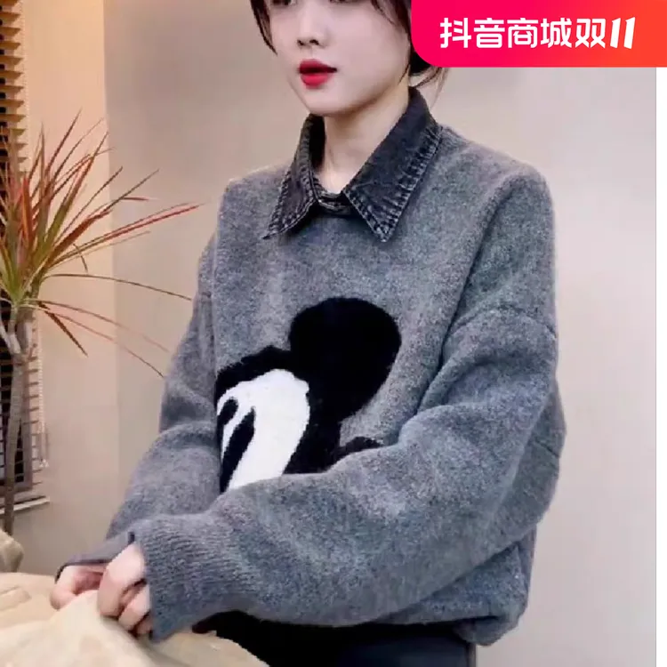 韩版拼接牛仔翻领卡通加厚针织毛衣女2024冬季新款设计感宽松衣