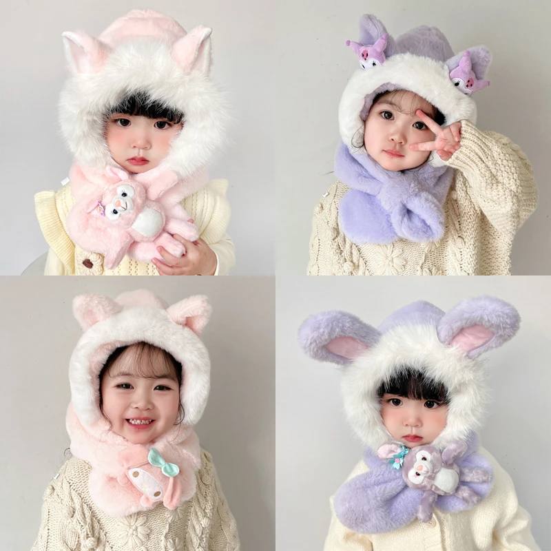 儿童帽子围巾一体帽冬季女童加绒女宝宝防寒保暖连体护耳帽两件套