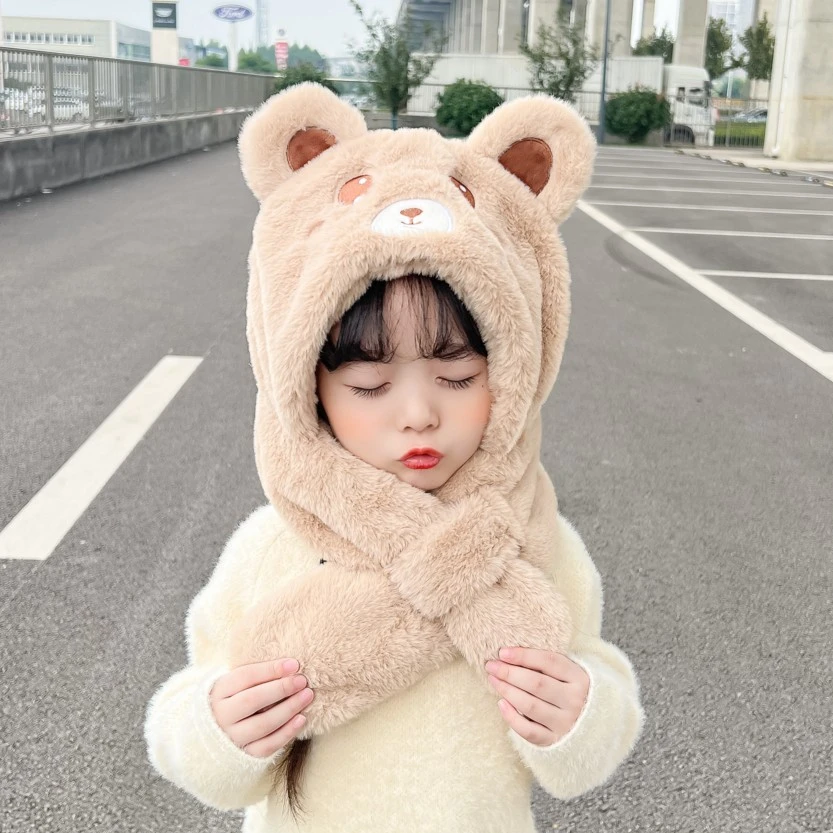 儿童帽子冬季男女童围巾手套三合一可爱超萌熊保暖护耳柔软三件套