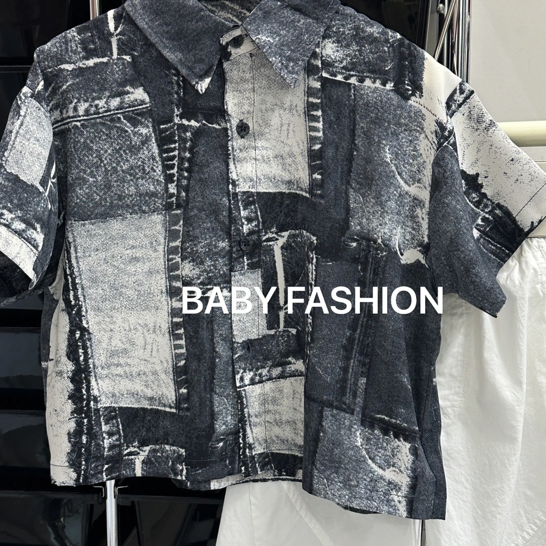 儿童衬衫上衣休闲时尚男童翻领帅气拼色印花（备注号码）