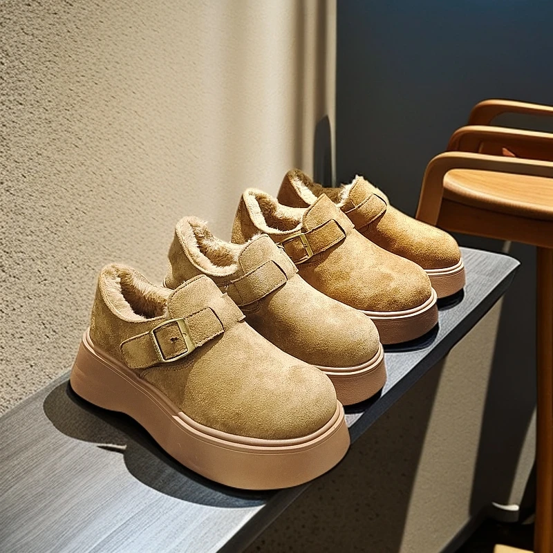 68067厚底秋冬加绒勃肯鞋女小个子增高脚蹬松糕底保暖乐福鞋棉鞋