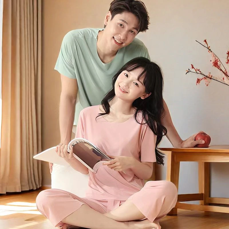 螺纹休闲家居服薄款套装男冰丝睡衣女士夏季短袖短裤居家运动宽松