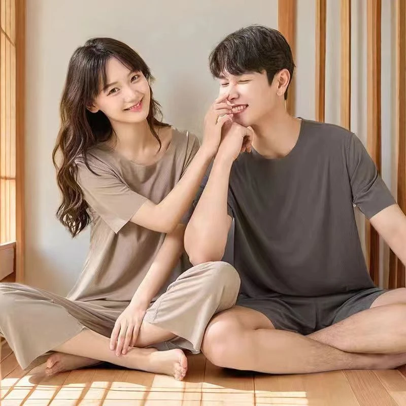 居家服套装女凉感螺纹冰丝无痕睡衣男士夏季新款休闲宽松情侣超薄