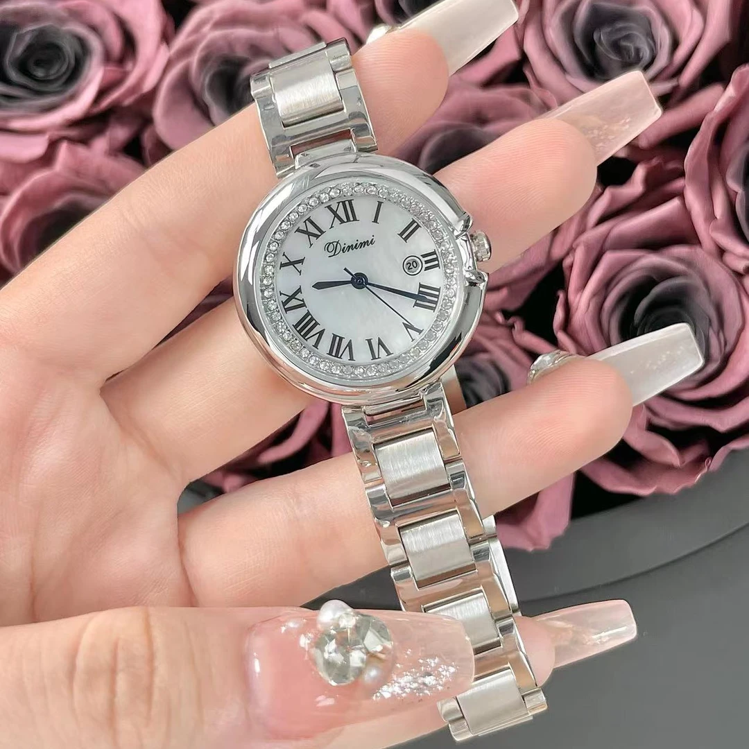 TimeLuck 经典告白气球镶钻轻奢贝母罗马面带日历钢带防水女士表