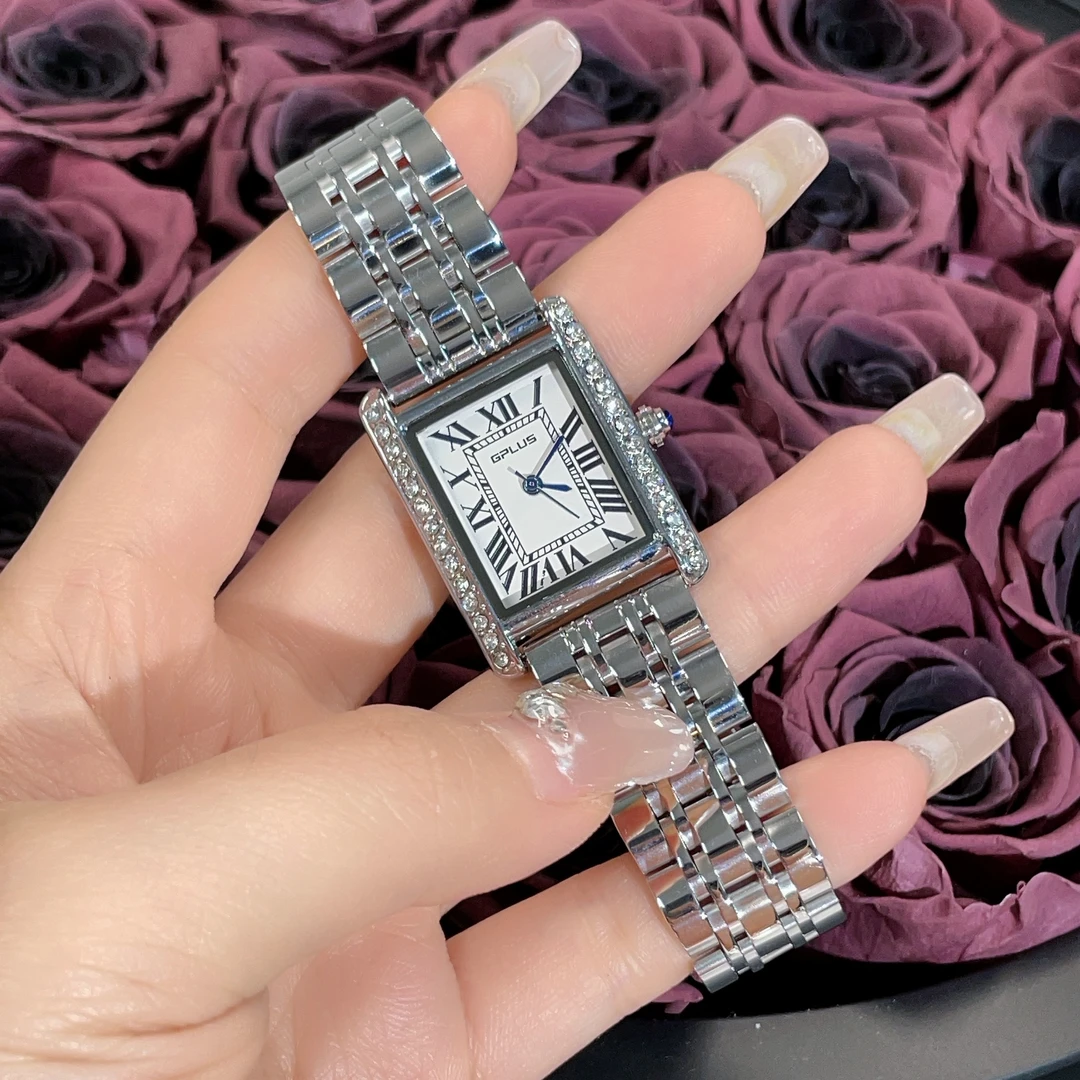 TimeLuck罗马小方盘钢带镶钻气质轻奢百搭时尚女士手表精致腕表