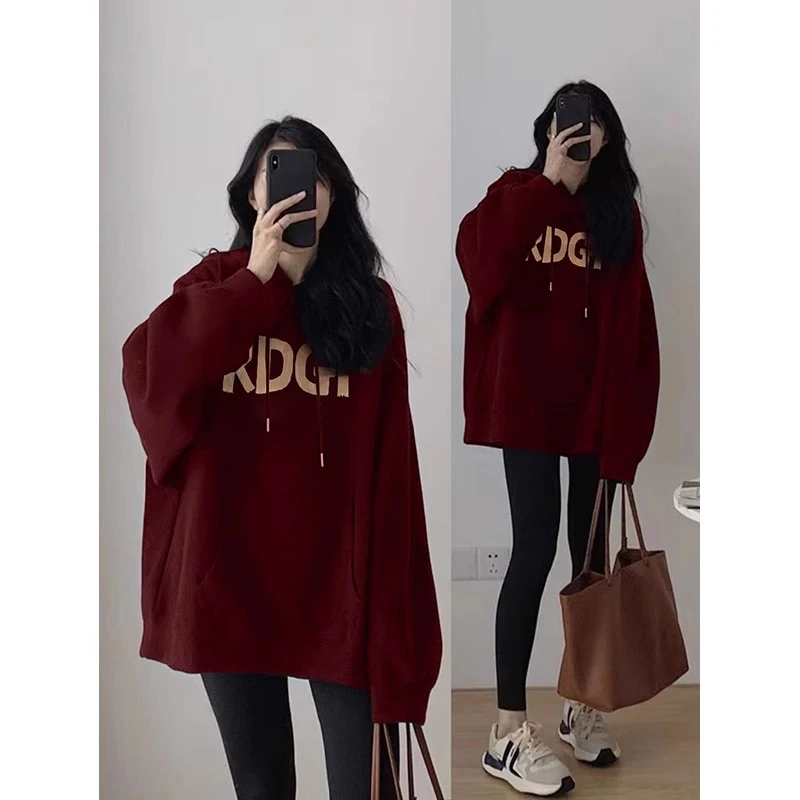 酒红色连帽卫衣女秋冬季2025新款爆款慵懒风外套宽松百搭加绒上衣