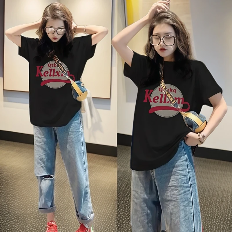 夏季纯棉黑色短袖女t恤2025爆款洋气大码遮肉显瘦上衣服半袖女ins