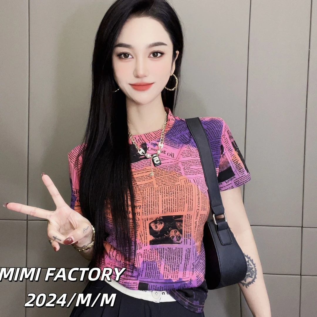 芈芈-2024夏季新款 欧货满印短袖T恤女修身显瘦时尚休闲百搭XCTQ