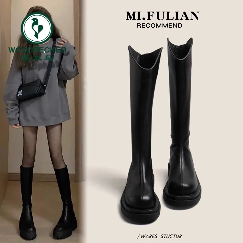 啄木鸟马丁靴长筒靴女2025春秋新款百搭厚底高筒骑士靴小个子长靴
