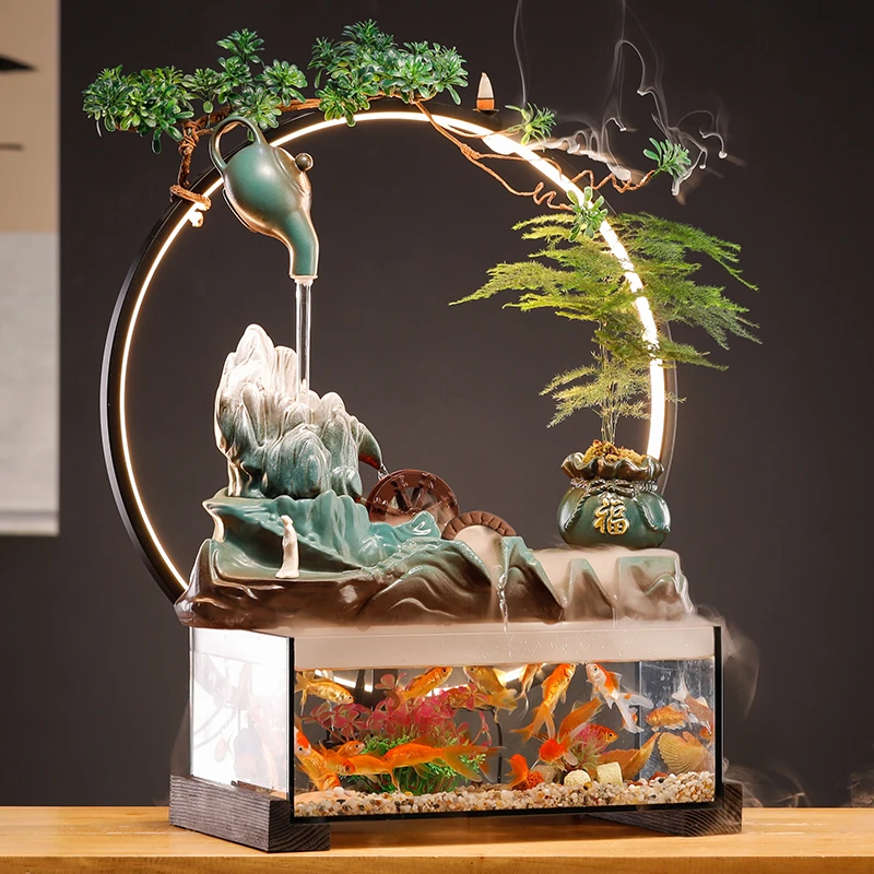 创意免换水客厅招财家用玻璃水族箱生态玻璃鱼缸造景桌面流水摆件