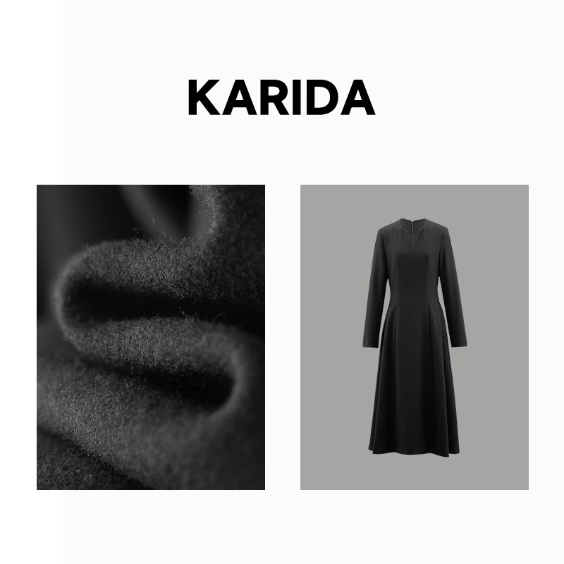 【短视频】karida【新浪漫】新款时尚修身圆v领磨毛长袖小黑裙连衣裙