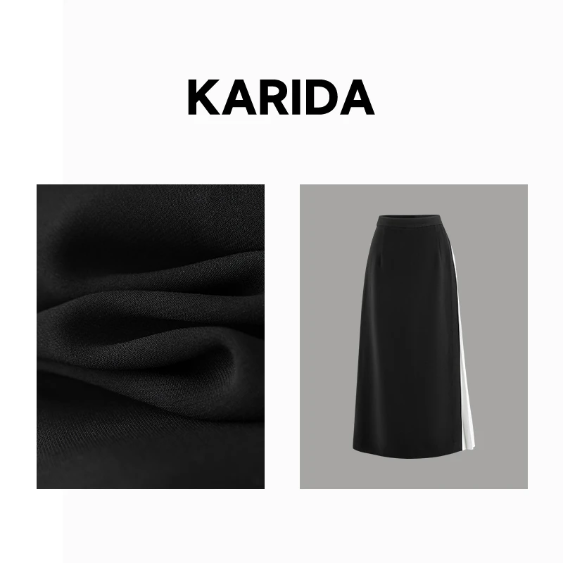 【短视频】karida珂芮达【黑白典雅】新款醋酸拼接压褶气质显瘦半身裙