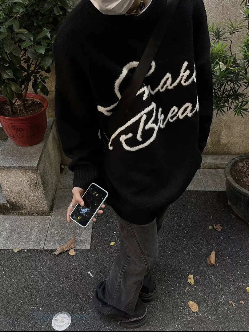 美式高街字母毛衣男女休闲宽松百搭圆领秋冬针织衫复古套头潮牌潮