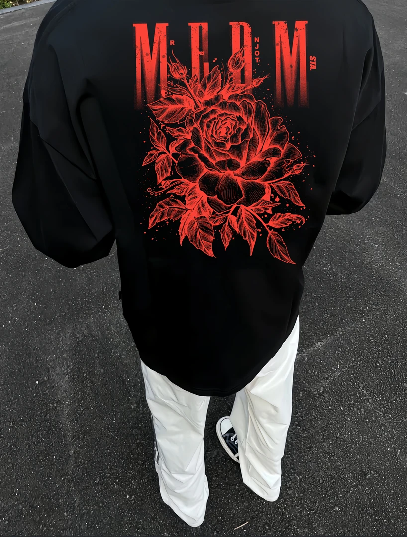 STA.MEDM联名红色玫瑰印花圆领男美式复古情侣长袖t恤春秋季宽松