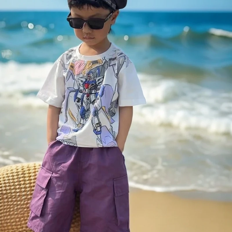 夏款男童印花韩版套装夏季体恤短袖短裤中童满印铠甲勇士上衣小童