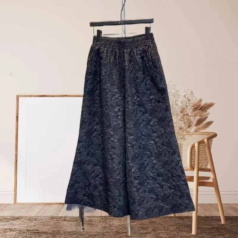001-浮雕阔腿裤气质高腰时尚休闲宽松设计师提花黑色提花阔腿裤