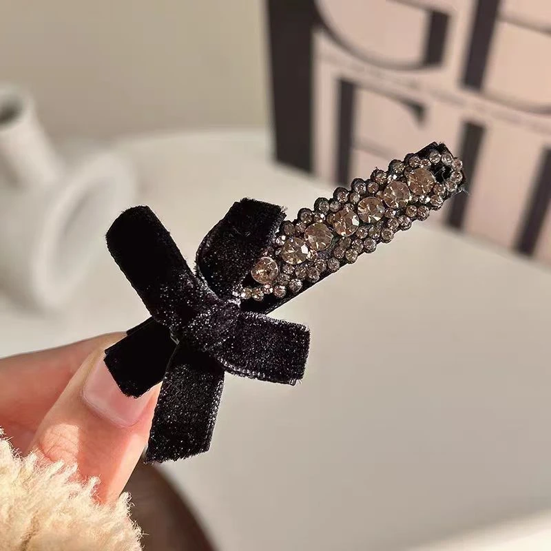 轻奢复古丝绒蝴蝶结发夹女小香风灰色水钻高级感刘海夹一字夹6608