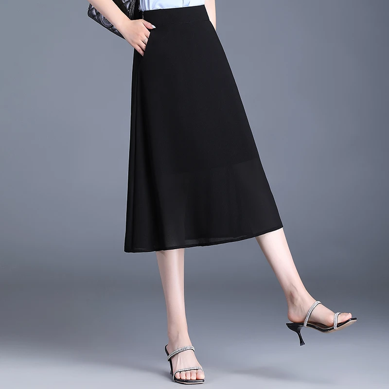 雪纺a字裙半身裙女夏2024新款高腰显瘦休闲中长款过膝伞裙垂感薄