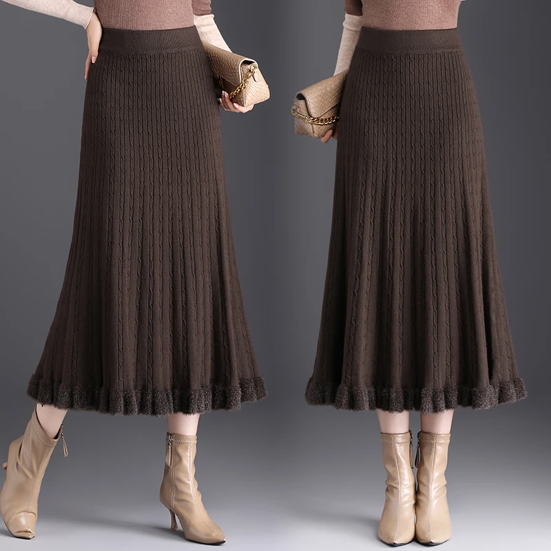 水貂绒半身裙女秋冬新款高腰遮胯显瘦针织中长款木耳边毛线a字裙