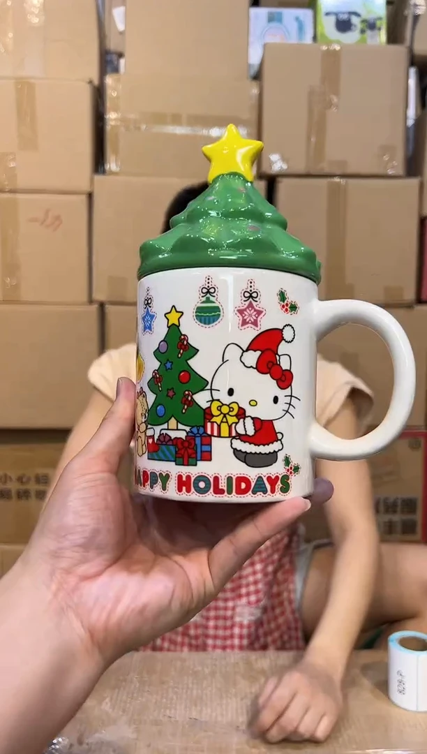 【闪购商品】杯圣诞树kt猫带盖杯