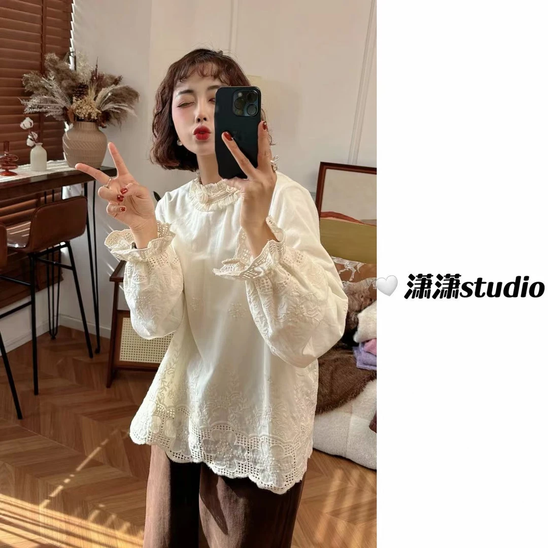 【繁花似锦】【加绒】潇潇自制玫瑰花领口精致立体刺绣韩系衬衣XM0969