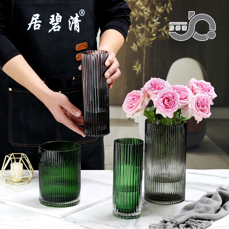现代简约竖条高级感玻璃花瓶竖条罗马柱创意摆件水培百合玫瑰桌面