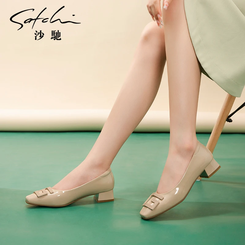沙驰女鞋小方头浅口职业通勤女2024年夏季新款粗跟单鞋真皮时尚