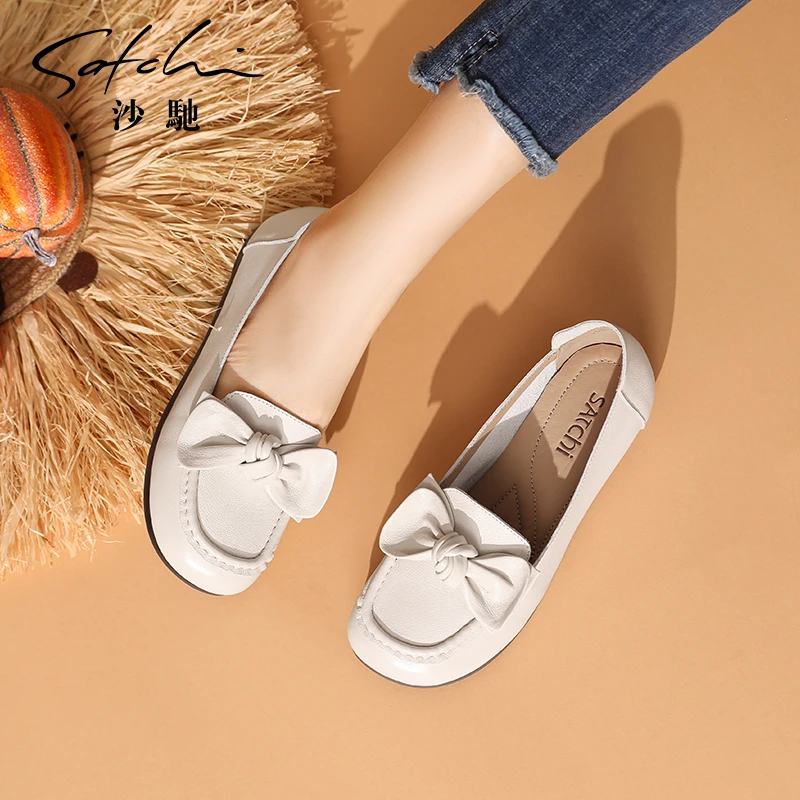 Satchi/沙驰【舒适牛皮】秋新款简约一脚蹬舒软妈妈鞋乐福鞋