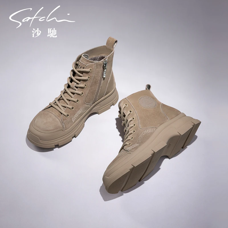 沙驰女鞋2025年冬季新款短靴加绒保暖厚底马丁靴户外工装雪地靴女