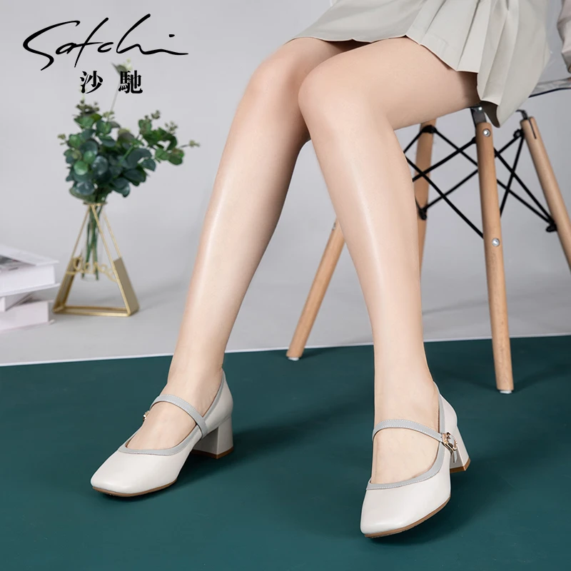 沙驰女鞋羊皮时尚玛丽珍鞋25年新款气质女单鞋粗跟时装通勤鞋