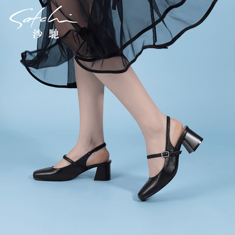 沙驰女鞋法式后空包头凉鞋2024年夏季新款简雅稳步中粗跟玛丽珍鞋