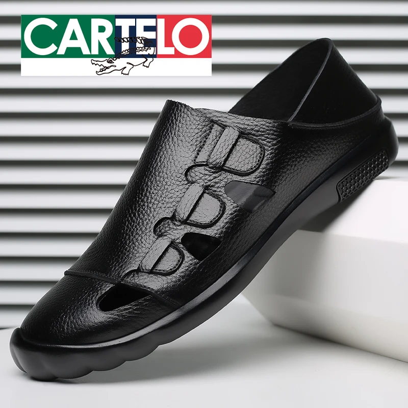 CARTELO/卡帝乐鳄鱼皮鞋男士凉鞋男真皮夏季休闲软底镂空洞洞皮鞋