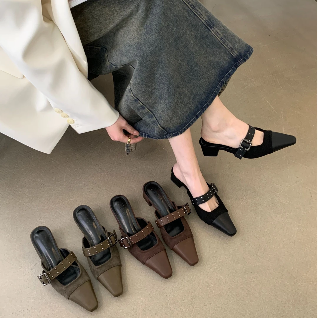 2025夏季法式包头半拖一字皮带扣凉拖鞋粗跟高级感小众中空穆勒鞋