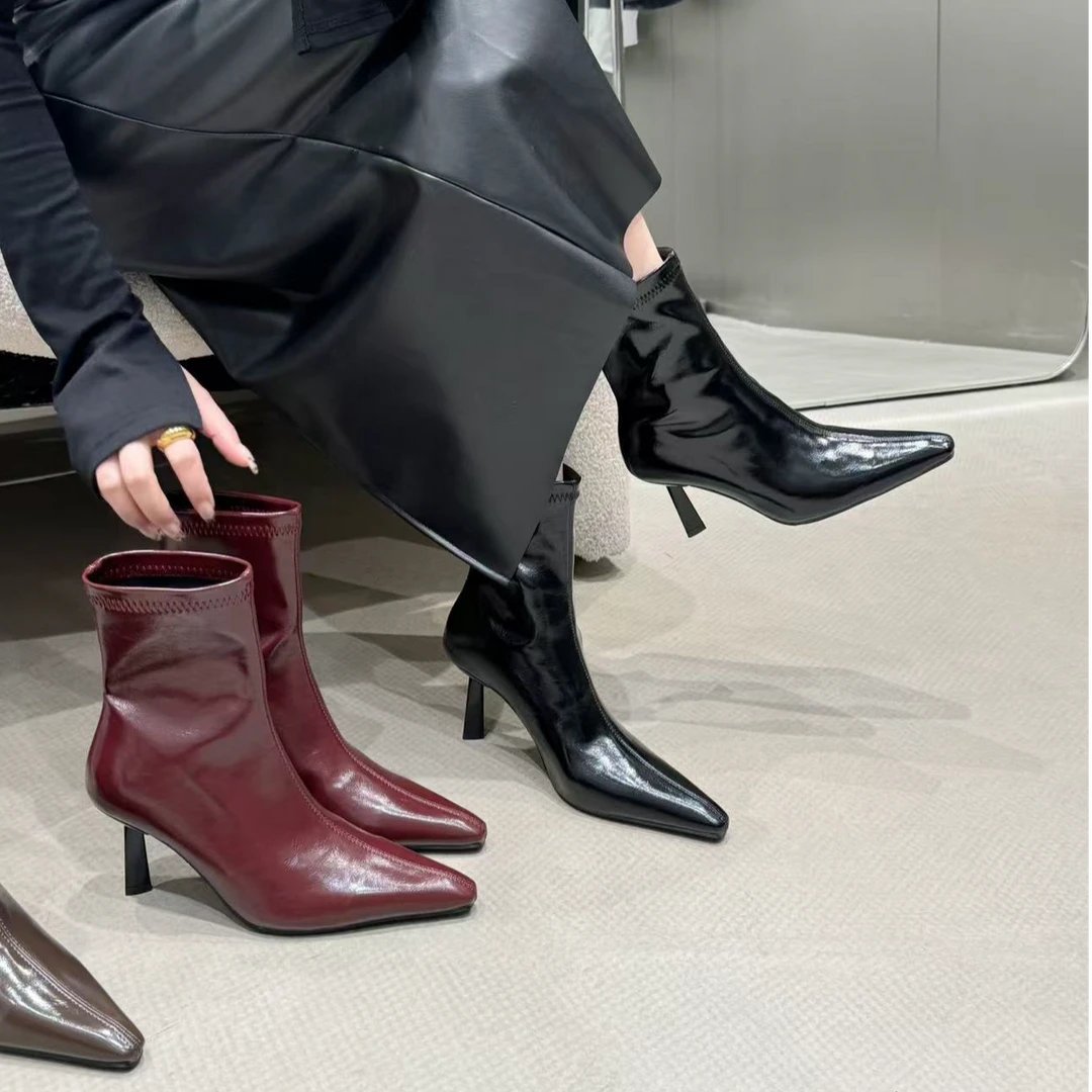 法式尖头复古细跟裸靴瘦瘦靴2025秋冬新款气质百搭网红爆款短靴女