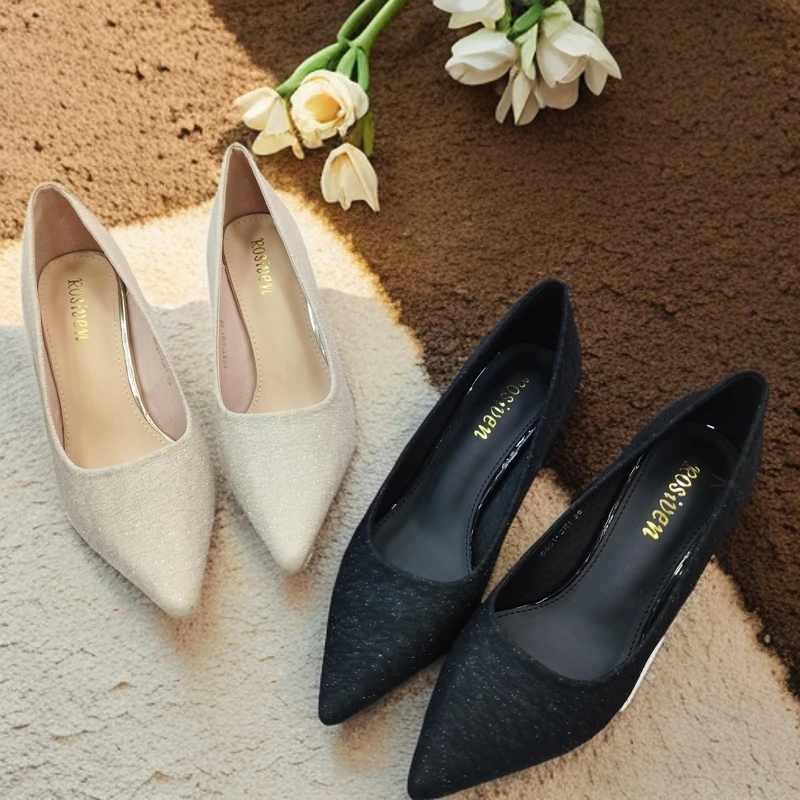 法式高跟鞋2024年新款春秋尖头香槟金百搭细跟时尚中跟伴娘女单鞋