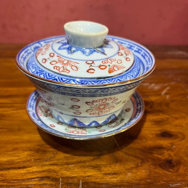 青花玲珑瓷杯三才盖碗