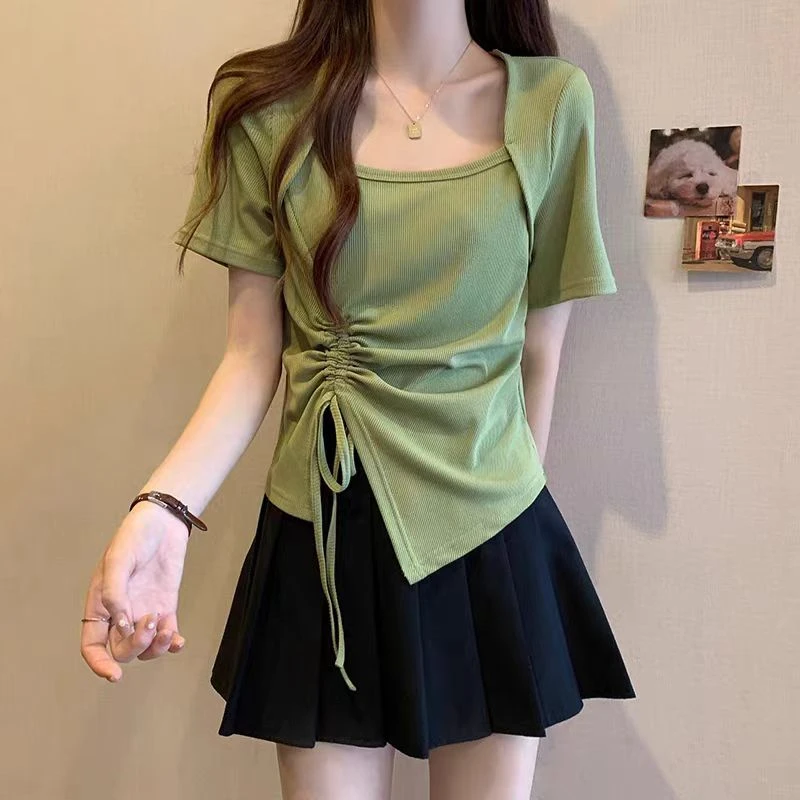 女装2024年夏季新款显瘦遮肉方领大码上衣不规则正肩胖mm短袖t恤