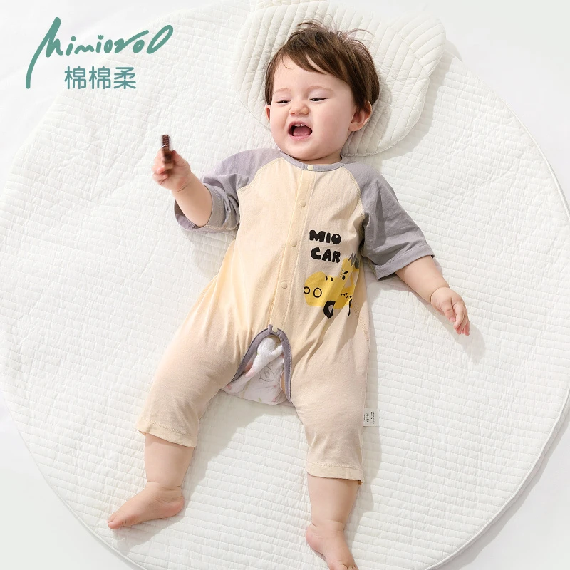 婴儿开裆连体衣夏季宝宝衣服七分袖短袖纯棉薄款睡衣幼儿开档哈衣